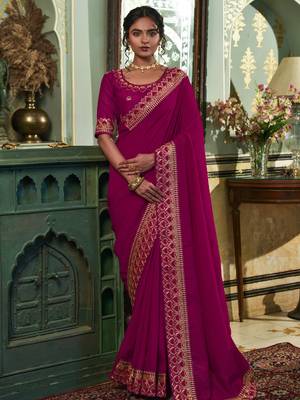 Wine Zari Embroidered Lace Vichitra Silk Saree With Blouse Piece 1