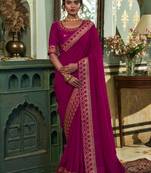 Wine Zari Embroidered Lace Vichitra Silk Saree With Blouse Piece