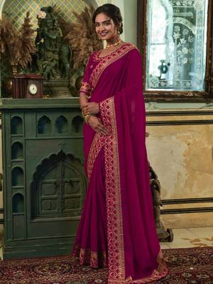 Wine Zari Embroidered Lace Vichitra Silk Saree With Blouse Piece 3