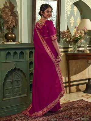 Wine Zari Embroidered Lace Vichitra Silk Saree With Blouse Piece 4