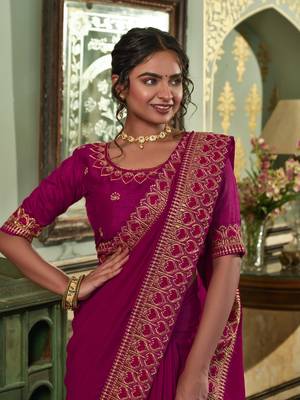 Wine Zari Embroidered Lace Vichitra Silk Saree With Blouse Piece 5