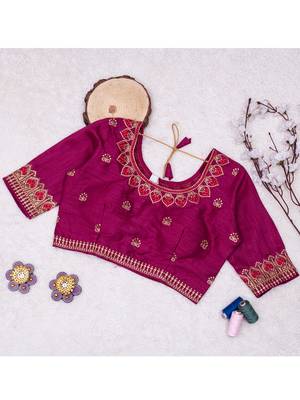 Wine Zari Embroidered Lace Vichitra Silk Saree With Blouse Piece 6