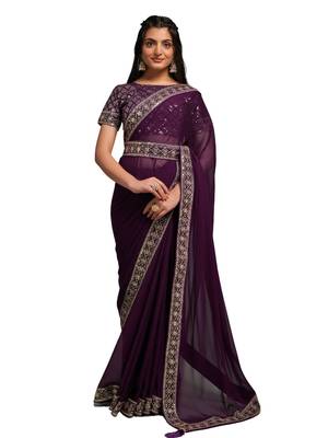 Wine Heavy Zari Embroidered Chinon Saree With Blouse Piece 2