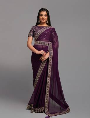 Wine Heavy Zari Embroidered Chinon Saree With Blouse Piece 3