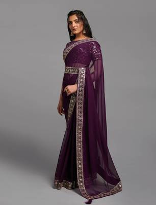 Wine Heavy Zari Embroidered Chinon Saree With Blouse Piece 4