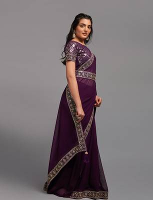 Wine Heavy Zari Embroidered Chinon Saree With Blouse Piece 5