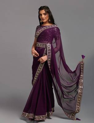 Wine Heavy Zari Embroidered Chinon Saree With Blouse Piece 1