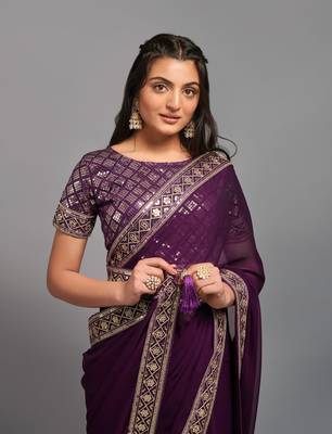 Wine Heavy Zari Embroidered Chinon Saree With Blouse Piece 6