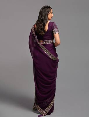 Wine Heavy Zari Embroidered Chinon Saree With Blouse Piece 7