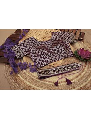 Wine Heavy Zari Embroidered Chinon Saree With Blouse Piece 8