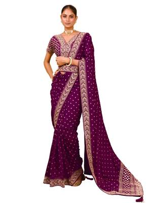 Wine Zari Embroidery lace & Pallu Work Vichitra Silk Saree With Blouse Piece 2