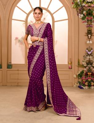 Wine Zari Embroidery lace & Pallu Work Vichitra Silk Saree With Blouse Piece 3