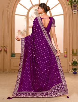 Wine Zari Embroidery lace & Pallu Work Vichitra Silk Saree With Blouse Piece 6