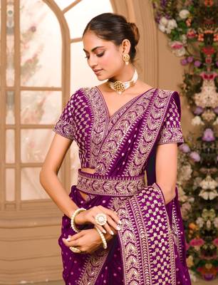 Wine Zari Embroidery lace & Pallu Work Vichitra Silk Saree With Blouse Piece 7