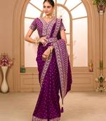 Wine Zari Embroidery lace & Pallu Work Vichitra Silk Saree With Blouse Piece