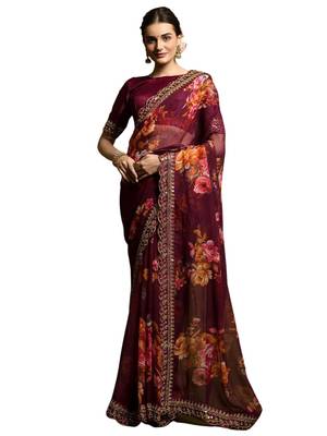 Wine Heavy Embroidered Georgette Saree With Blouse Piece 2