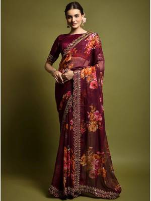 Wine Heavy Embroidered Georgette Saree With Blouse Piece 1