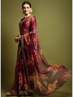 Wine Heavy Embroidered Georgette Saree With Blouse Piece 3