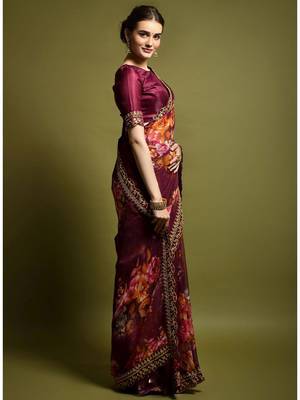 Wine Heavy Embroidered Georgette Saree With Blouse Piece 4