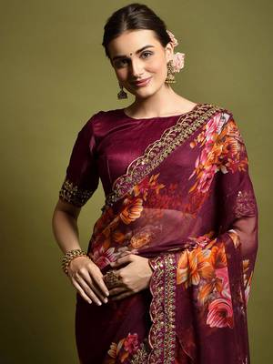 Wine Heavy Embroidered Georgette Saree With Blouse Piece 5