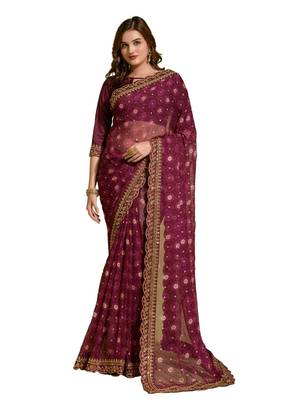 Wine Heavy Embroidered Georgette Saree With Blouse Piece 2