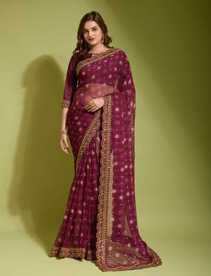 Wine Heavy Embroidered Georgette Saree With Blouse Piece 1