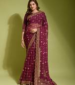 Wine Heavy Embroidered Georgette Saree With Blouse Piece