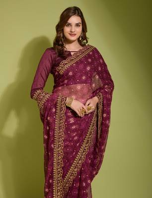 Wine Heavy Embroidered Georgette Saree With Blouse Piece 5