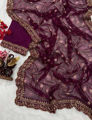 Wine Heavy Embroidered Georgette Saree With Blouse Piece 6