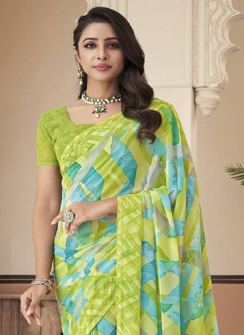 Roop Kashish Multicolor Georgette Printed Saree And Blouse Piece