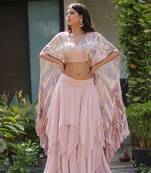 Nude pink hand embroidered georgette cape set