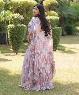 Nude pink hand embroidered georgette cape set 2