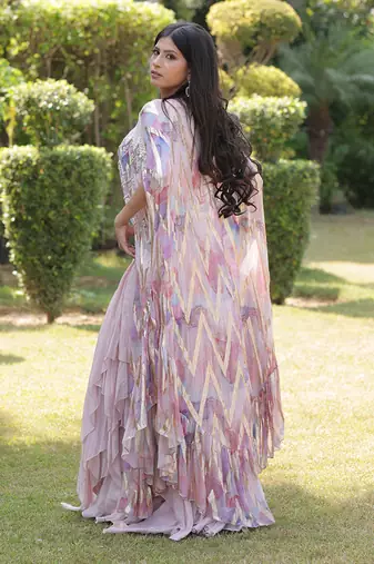 Nude pink hand embroidered georgette cape set
