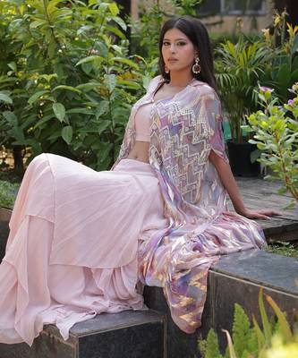 Nude pink hand embroidered georgette cape set 3