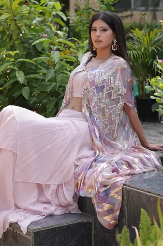 Nude pink hand embroidered georgette cape set
