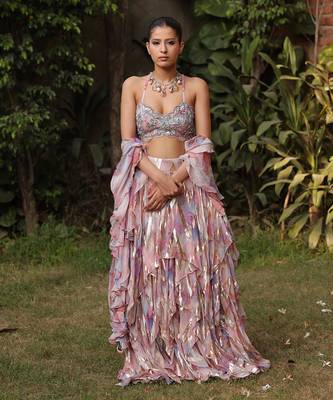 Multi color georgette foil printed & embellished ruffle skirt blouse set 1