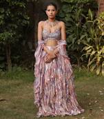 Multi color georgette foil printed & embellished ruffle skirt blouse set