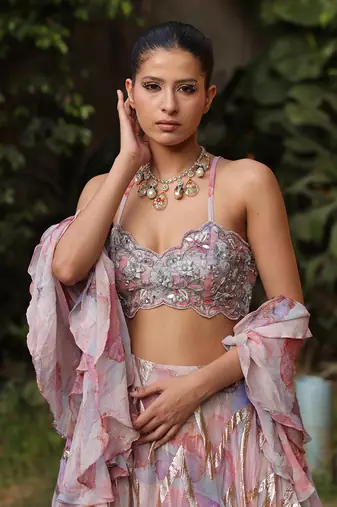 Multi color georgette foil printed & embellished ruffle skirt blouse set