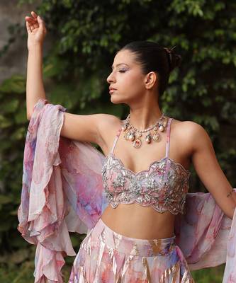 Multi color georgette foil printed & embellished ruffle skirt blouse set 3