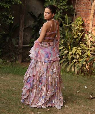 Multi color georgette foil printed & embellished ruffle skirt blouse set 5