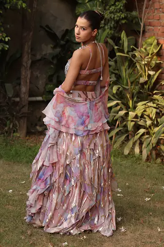 Multi color georgette foil printed & embellished ruffle skirt blouse set