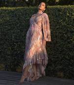 Multi color georgette chevron foil printed power shoulder gown