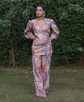 Multi color printed & embroidered wrap top co-rd set in chanderi silk 1