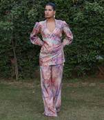 Multi color printed & embroidered wrap top co-rd set in chanderi silk