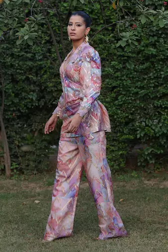 Multi color printed & embroidered wrap top co-rd set in chanderi silk