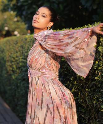 Multi color georgette chevron foil printed power shoulder gown 4