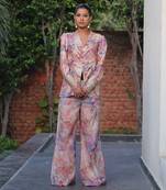 Multi color printed & embroidered co-ord set in chanderi silk