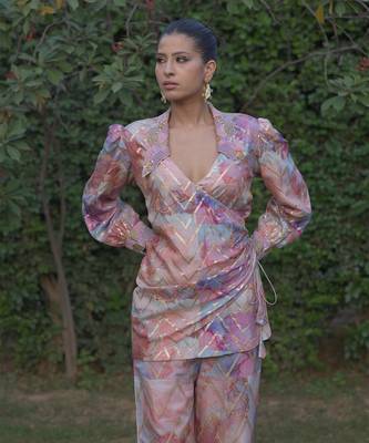 Multi color printed & embroidered wrap top co-rd set in chanderi silk 4