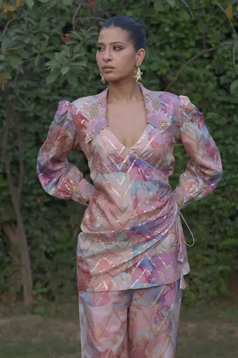 Multi color printed & embroidered wrap top co-rd set in chanderi silk