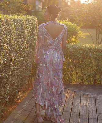 Multi color georgette chevron foil printed power shoulder gown 5